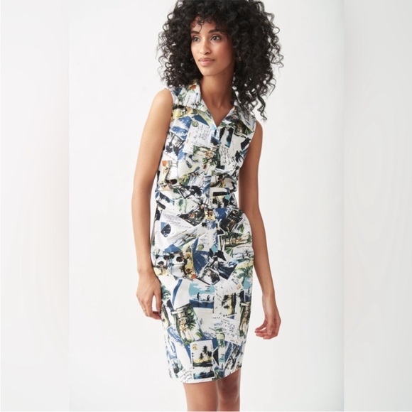 JOSEPH RIBKOFF Sleeveless Printed Postcard Collared Rushed Dress Size 14 - Picture 3 of 14